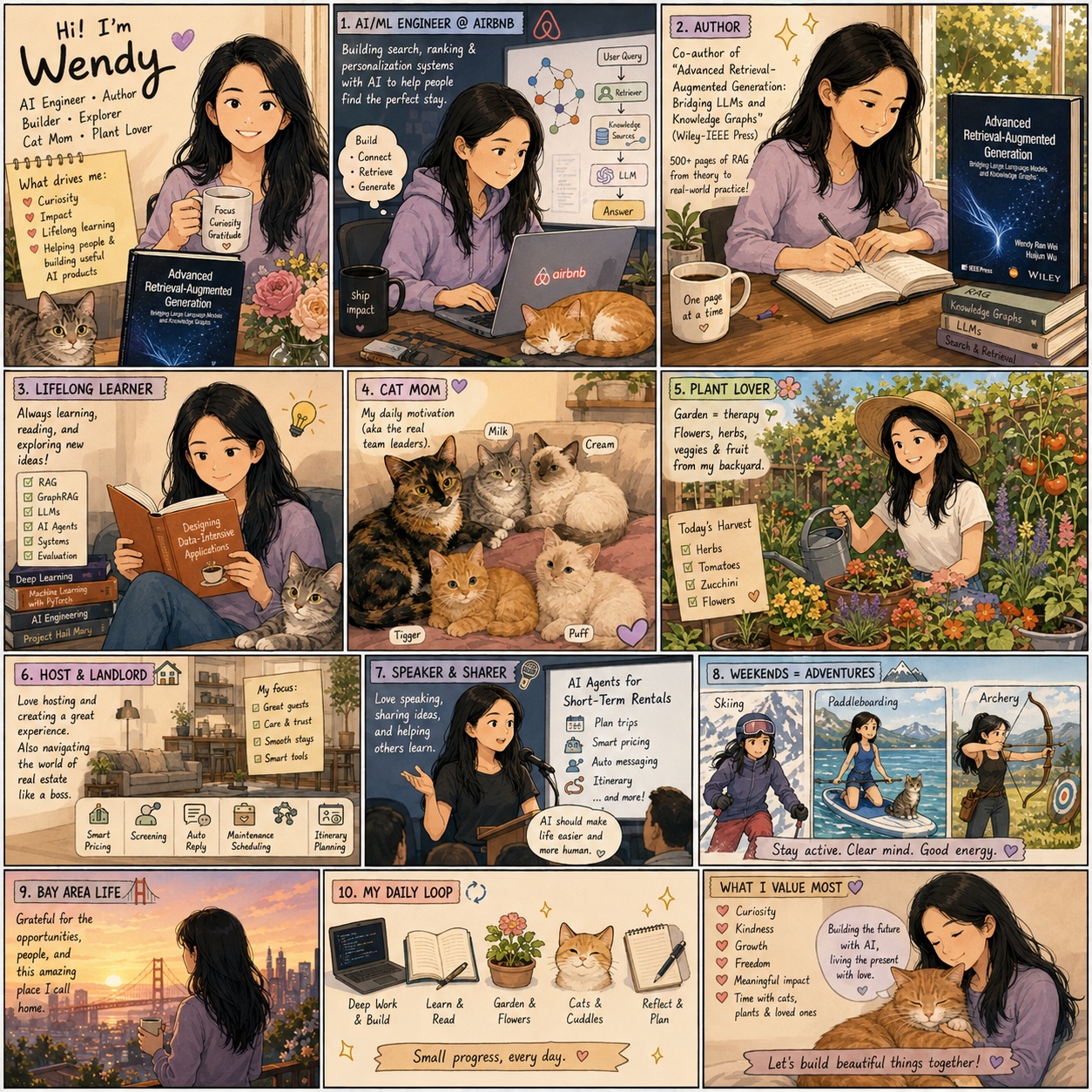 A visual story of Wendy's life — AI engineer, author, cat mom, plant lover, and adventurer